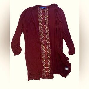 burgundy half sleeve cardigan with floral embroidered design